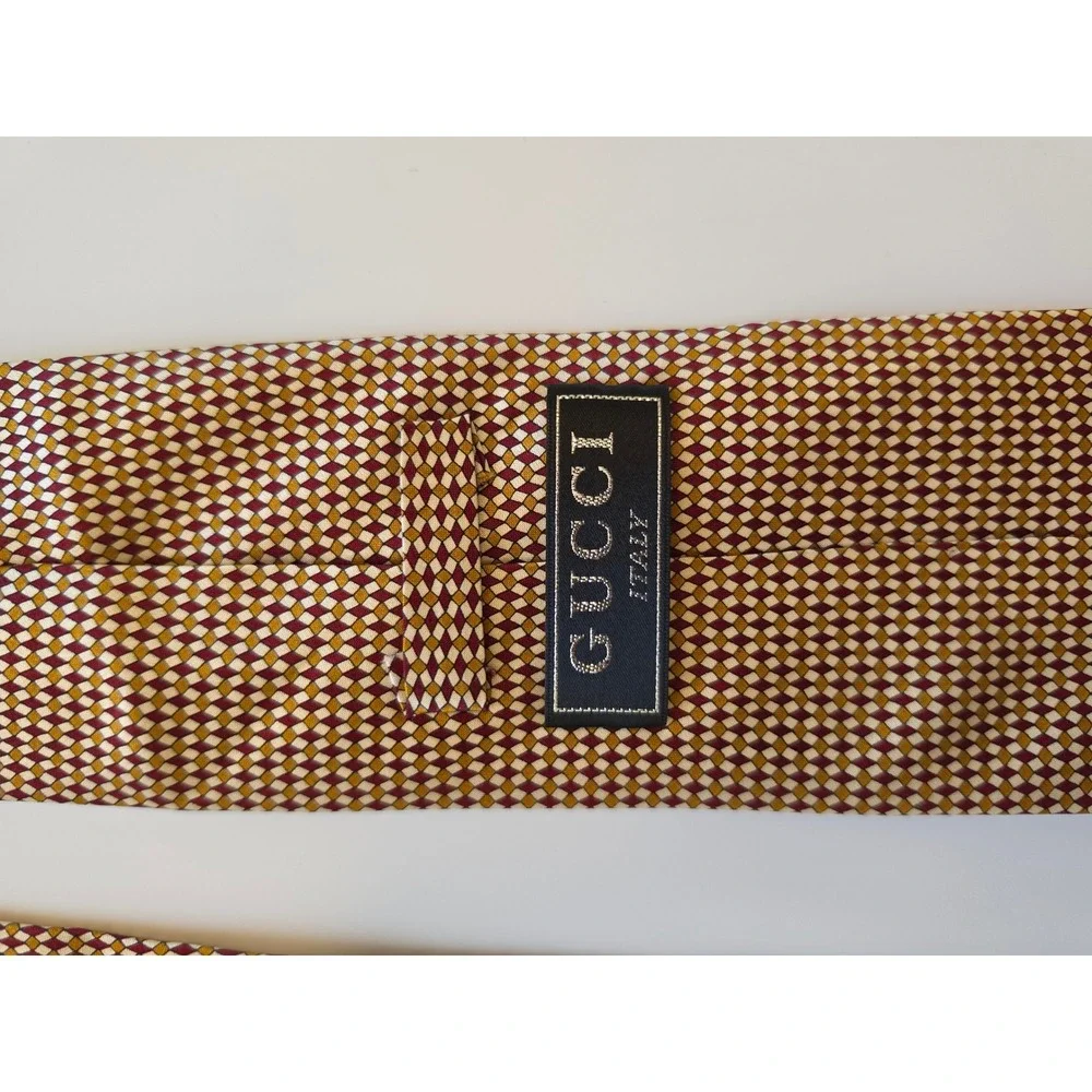 GUCCI 100% Silk Italy Preppy Old Money Maximalist‎ Geometric Tan Brown Tie